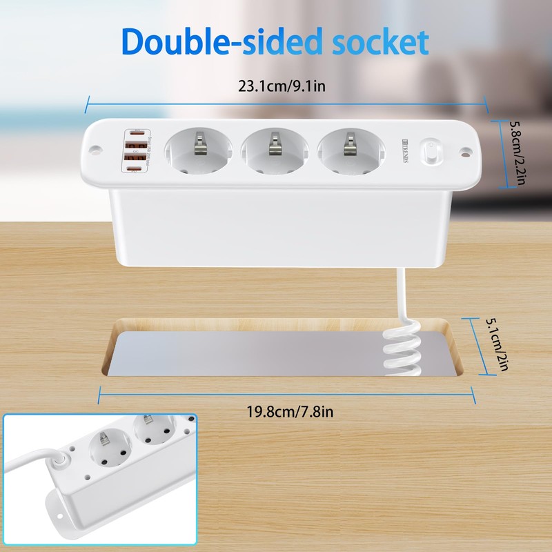 Retractable Socket 6 Compartments, Built-in Power Strip with 4 USB,