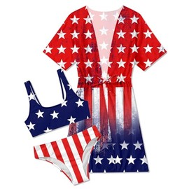AIDEAONE Girls Flag Bathing Suit Size 9 10 Independence Day Fourth of July Swimsuit 3 Piece Star and Stripes Bikini Swimwear with Cover Up