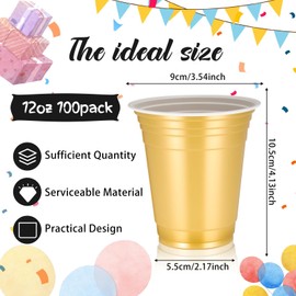Sabary 100 Pack 12oz Plastic Cups Graduation Heavy Duty Drinking Disposable Cups with Lines for Beverage Holiday Camping Barbecues Birthday Party Outdoor Picnic (Gold)