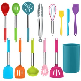 TeamFar 14 PCS Cooking Utensil Set, Silicone Kitchen Utensil Set with Stainless Steel Handle, Spatula/Spoon/Turner/Skimmer, Healthy & Heavy Duty, Heat-Resistant & Dishwasher Safe, Multi-Color