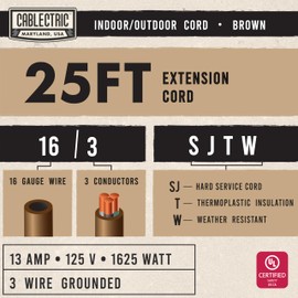 Cablectric Brown Outdoor Extension Cord 25 ft, 16/3 Heavy Duty Cable with 3 Prong Grounded Plug, 13 AMP Weatherproof Exterior Cable 3 Prong 25 Foot for Deck, Patio, Garden, Lawn & Landscaping