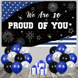 Police Party Decorations We Are So Proud Of You Backdrop Banner with 14Pcs Latex Balloons Black White and Blue American Flag Police Theme Party Decor for Police Retirement Graduation Party Supplies