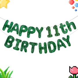 Pre-Strung Green Pixel Miner Theme Decorations Pixel Happy Birthday Banner for Kids’ Parties Teen Gaming Events & Family Celebrations Themed Prints for All Ages (11th)