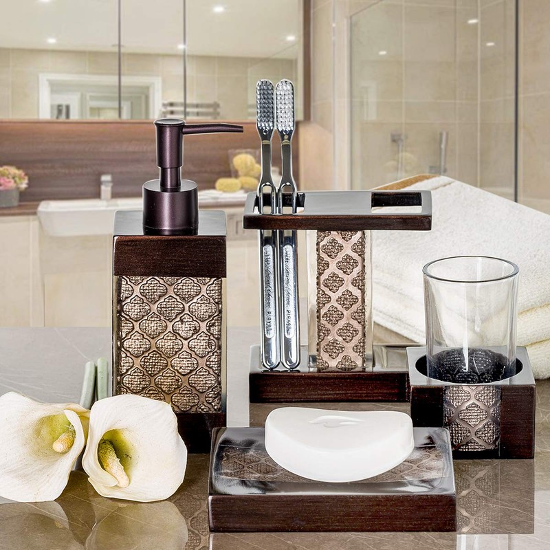 Creative Scents Dahlia Brown Bathroom Accessory Set Complete - Decorative
