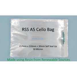 celloexpress RRS A5-157mm x 210mm + 30mm Self Seal Lip - 30 Micron Clear Renewably Sourced Resin Cellophane - Medium Cello - Pack of 100
