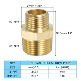 PATIKIL Solid Brass Hex Nipple Pipe Fitting Thread Adapter, 2 Pack 3/4" NPT x 1/2" NPT Male Water Line Connectors Couplings