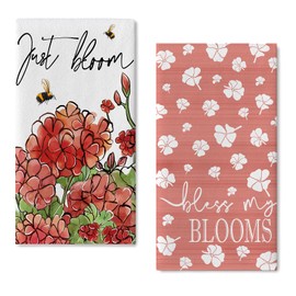 Seliem Spring Summer Floral Flower Kitchen Dish Towels Set of 2, Red Geranium Bee Just Bloom Hand Towels Drying Baking Cooking Cloth, Bless My Blooms Seasonal Home Kitchen Decor 18 x 26 Inch