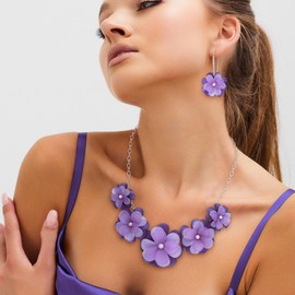 Flyonce Purple Flower Statement Necklace Boho Summer Holiday Gifts Beach Jewelry Floral Flowers Collar Necklaces with Earrings for Women