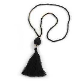Avalaya Stylish Black Glass Bead Cotton Tassel Necklace/ 72cm L/ 14cm Tassel