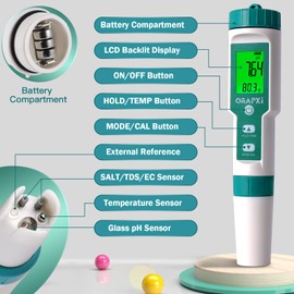Pool Salt Tester ORAPXI pH and Salt Meter for Saltwater Pool pH and Salinity Digital Tester 5 in 1 Salt Meter for Swimming Pools Hot Tubs and Swim Spas