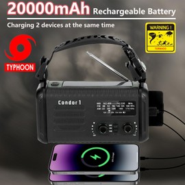 Emergency Weather Radio (Condor 1) NOAA/AM/FM with 74000mWh Portable Radio, USB-C/Solar/Hand Crank Charging, SOS Alarm, Flashlight, Reading Lamp & Survival Handle Kit for Indoor/Outdoor (Black)
