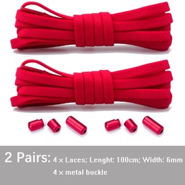 Olukssck 2 Pairs of 5 mm Wide Elastic Shoelaces Without Tying Universal Shoe Laces with Metal Lock, No Tie Shoelaces for Shoes of Different Sizes, 100 cm Long, Red