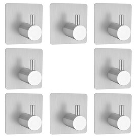 Z-TIISON Brushed Sliver Adhesive Hook 8Pack, Modern Style Stainless Steel Wall Hooks Stick for Clothes, Hat, Towel Robe Hook Rack Wall Mount, Thicken Holder for Home Bathroom Kitchen