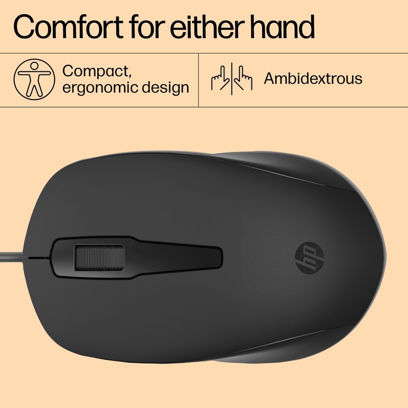 HP 150 Wired Mouse, 1600 DPI Sensor, Ergonomic Left/Right Mouse