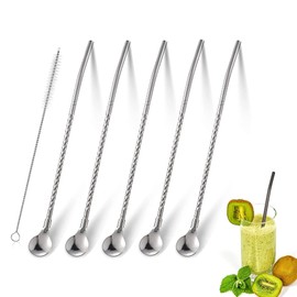 Pack of 5 Stainless Steel Straws, Spoons, Reusable Stainless Steel Straws, Spoons, Latte Macchiato Spoons, Cocktail Spoons and Straws (Silver)