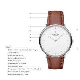 Nordgreen Scandinavian Design Watch - Analog Quartz, Silver/Gold, Interchangeable Leather/Mesh Straps, Stylish Wristwatch, Unisex, Water Resistant, Fashionable Timepiece, Modern, Model Native