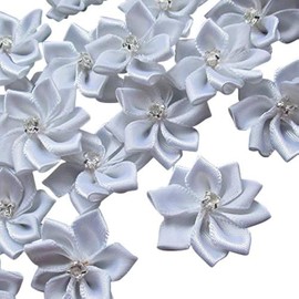 Chenkou Craft 40pcs 28mm(1 1/8") Satin Ribbon Flowers Bows Rhinestone Appliques (White)