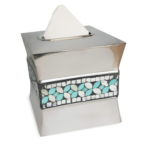 nu steel Boutique Cover,Part of Our Sea Foam Accessory Set Square Facial Tissue Box Holder for Bathroom Vanity Countertops,Bedroom Dressers-Shiny, Mosaic Glass/Stainless Steel