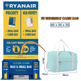 Lightweight Foldable Travel Bag Hand Luggage Bag Hand Luggage Sports Bag for Travel Weekender Duffel Women and Girls, Mint Green (with shoulder strap), (20L) UK