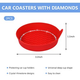 NYTKL 2 PCS Bling Car Cup Coaster, Crystal Rhinestone Cup Holder Insert for Car Interior Decoration, Non Slip Shockproof Silicon Sparkly Drink Met Universal for Most Vehicles (Red)