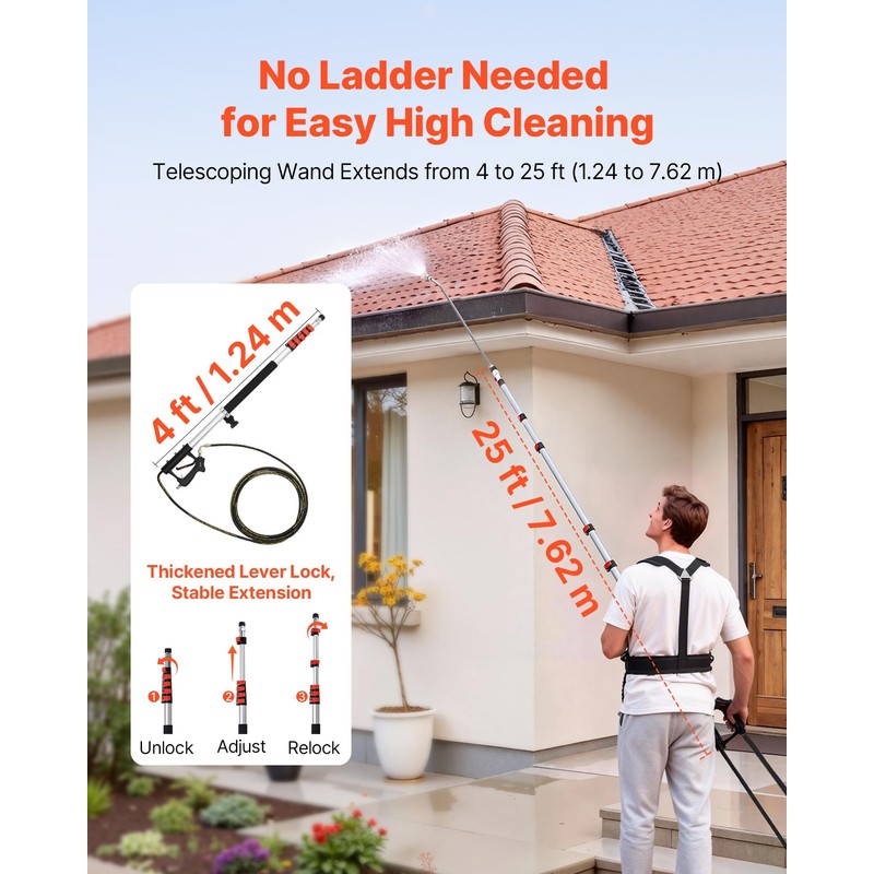 VEVOR 25 FT Pressure Washer Telescoping Wand, with Power Washer