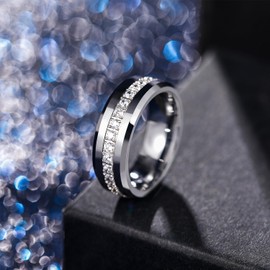 Greenpod 8mm Tungsten Carbide Rings for Men Silver Cubic Zirconia Eternity Wedding Band High Polish Comfort Fit Size 11