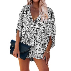 PRETTYGARDEN Women’s Floral Print Shorts Jumpsuit Wrap V Neck 3/4 Sleeve Casual Loose Oversized Romper With Pockets (White, Large)