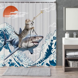 LKFBSC Funny Cute Cat Shower Curtains,Japan Cat Shark with Ocean Sea Wave Shower Curtain for Bathroom,Japanese Cool Fabric Shower Curtain Set with Hooks Bath Decoration 72X72inches