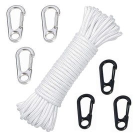 QXCFTW 16M Flag Pole Rope, 6mm Thick Nylon Flag Rope, Flagpole Rope, White Flag Line Halyard Double Braided, Pole Flag Halyard Line, With 6 Flag Pole Clip, for Flagpole Sailboat Garden Camping