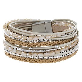 StarAppeal Wrap Bracelet With Beads, Rhinestones, Necklaces And Braids, Magnetic Clasp, Silver Matt, Ladies’ Bracelet, light brown