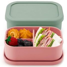 Layhit 2 Pcs Silicone Bento Box Reusable Silicone Bento Lunch Container for Adults Microwave Dishwasher Freezer Safe (3 Compartments,Dark Red,Green)