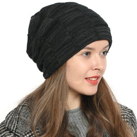 DonDon Women's Winter Slouch Beanie Knitted Hat with Warm Fleece Lining, black - grey