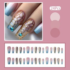 24Pcs Cute Press on Nails Medium Coffin Fake Nails Pink Blue Gradient Acrylic Glue on Nails Gloss False Nails with Gold Stripes Designs Blue Rhinestones Stick on Nails DIY for Women Girls