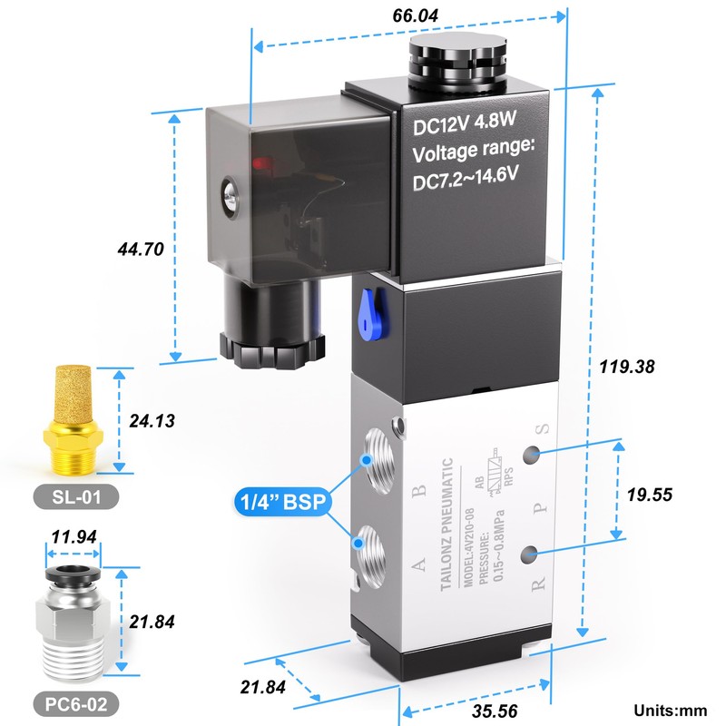 TAILONZ PNEUMATIC 1/4 Inch BSP Solenoid Valve 4V210-08 12V Single