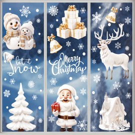 AMLOOPH Christmas Window Stickers, 8 Sheets White Santa Claus Xmas Window Stickers Christmas Window Decorations, Reusable Snowflake Window Stickers Christmas Scene for Christmas Decorations Indoor