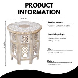 Woodify Hand-Carved Octagonal Wooden Side Table – 18” x 18” Mango Wood End Table, Distress White Finish, Decorative Accent Table for Living Room & Bedroom