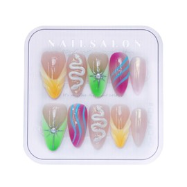 CAMILCY Press on Nails Handmade Nails Luxury Reusable Fake Nails For Girls Short Almond Armor Colorful Yellow Diamonds HandPainted Salon Loveful Design Acrylic GelUV Finished For Women 3DNails 10PCS S