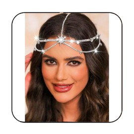 Latious Rhinestone Star Head Chain Jewelry Silver Sparkly Crystal Bride Wedding Headpiece Bridal Prom Hair Accessories for Women (Silver)