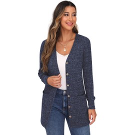 GRECERELLE Cardigan for Women Open Front Button Down Ribbed Knit Lightweight Ladies Sweater V Neck Long Sleeve Outerwears with Pockets Navy Blue-L