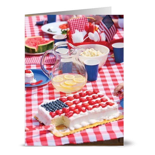 Patriotic Greeting Cards 24 Pack –Patriotic Picnic – Unique American Design – RED ENVELOPES Included – Glossy Cover Blank Inside – by Note Card Café