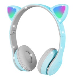 AXFEE Children's Headphones, Bluetooth, Girls' Cat Ear Headphones, Over-Ear with LED Light, Foldable Stereo Headphones, Wireless, Headphones Children with Microphone, Micro SD/TF for Mobile