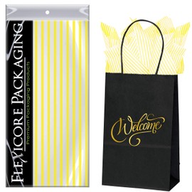 Flexicore Packaging Black Kraft Paper Welcome Bags & Yellow Gift Wrap Tissue Paper | Size: 5.25 Inch X 3.25 Inch X 8.25 Inch | Count: 5 Bags | Color: Yellow Pin Stripe
