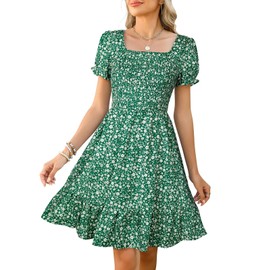 Lyrur Womens Cute Spring Dress with Pockets Square Neck Tiered Ruffle Summer Short Sleeve Babydoll Dresses (M,7036 Green Floral)