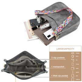 HKCLUF Crossbody Bags for Women Trendy Vegan Leather Hobo Handbags With 2PCS Adjustable Guitar Strap Shoulder Bucket Bags, A2-gray, Fashion&retro