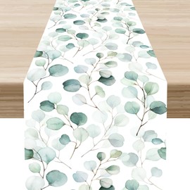 Green Eucalyptus Table Runner, Farmhouse Spring Summer Seasonal Plants Leaves Rustic Country Greenery Cafe Coffee Table Center Decor for Home Kitchen Dining Patio Indoor Outdoor, 13"x36" Inch