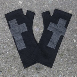 Black Cross Silver 100% Merino Wool Fingerless Gloves, Hand Printed with Dark Silver Cross, Designed by Kate Watts, Made in New Zealand