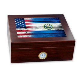 ExpressItBest Premium Desktop Humidor - Glass Top - Flag of El Salvador (Salvadorian) - Wood with USA Flag - Cedar lined with humidifier & front mounted hygrometer.