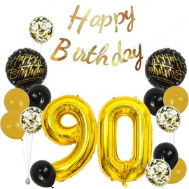 Gold 90th Birthday Decorations Party Supplies-Gold Happy 90th Birthday Banner Latex and Confetti Balloons Paper Honeycomb Balls Huge Number 90 Balloons for Girls,Women,Men,Photo Props 90th Birthday