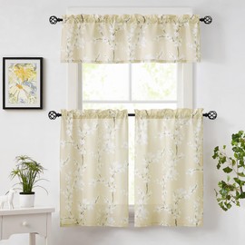 FMFUNCTEX Beige Kitchen Tier Curtains 24 Inch Length Windows White Blossom Print Light Filtering Privacy Tiers for Bathroom Living Room Privacy Small Café Curtain 2 Panels