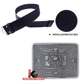 Kilt Belt and Buckle Set - Scottish Thistle Design/Leather Kilt Belt Thistle Embossed Handmade/Celtic Knot Kilt Belt with Buckle Antique (Antique Silver, XL)